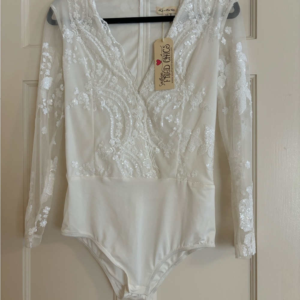 Small Sequined Ivory Sequence Lace Bodysuit